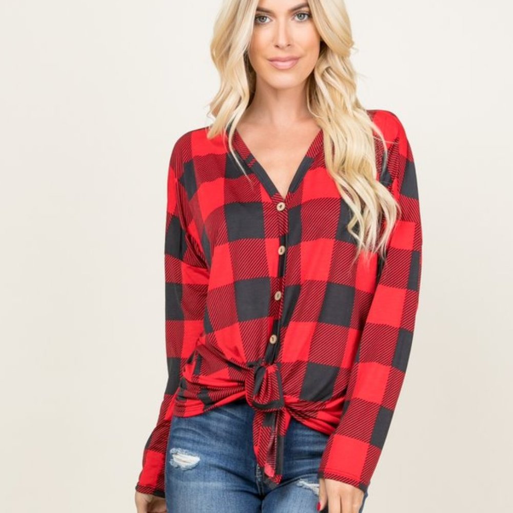 Heimish plaid check print button & tie top RED